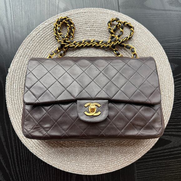 Vintage Chanel Medium Dark Brown Lambskin 24k Gold Plated Double Flap Bag - Picture 1 of 16